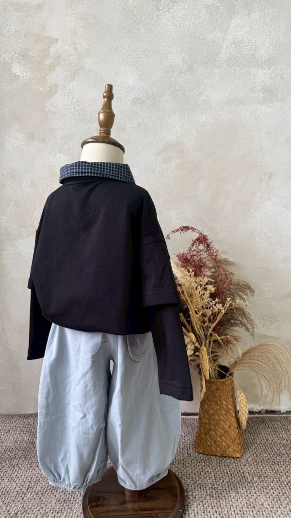 設計感！帥格紋拼接立領假兩件上衣 