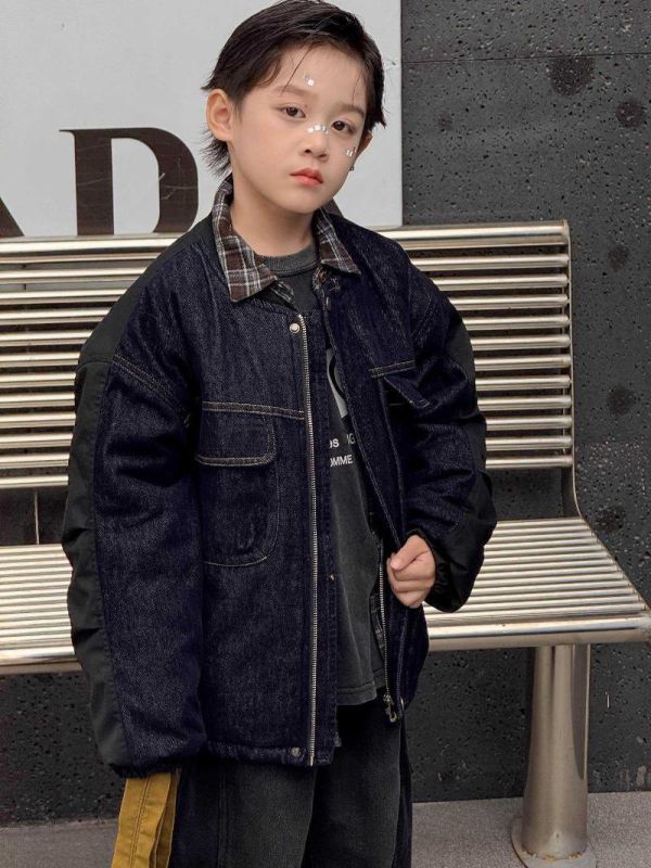 推推帥爆！異材質拼接牛仔夾棉棒球外套 
