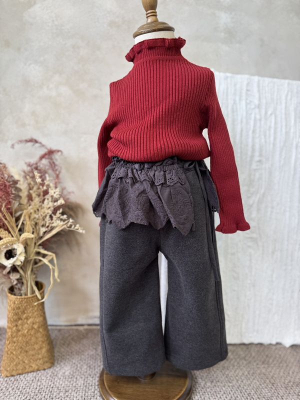 蕾絲屁簾毛呢直筒長褲(屁簾可拆卸) 