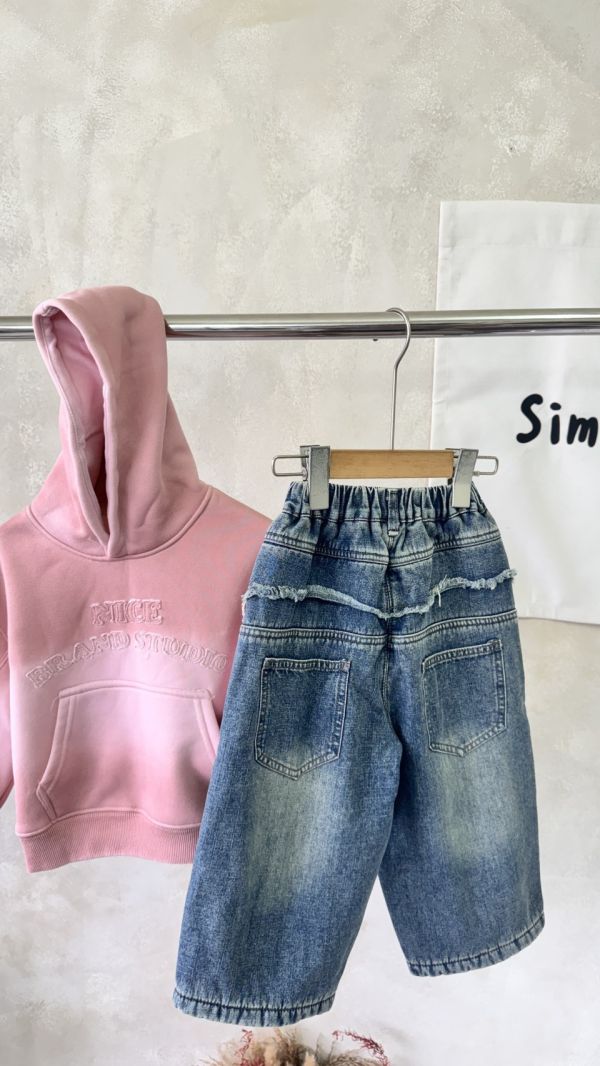 秋冬色調層次抽鬚加絨牛仔長褲 