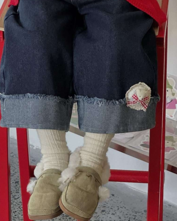 褲腳立體小熊翻摺薄絨牛仔褲 