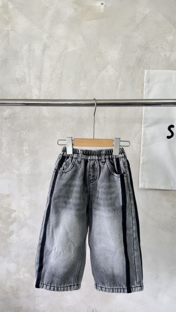 漸層線條滾邊刷色加絨牛仔長褲 