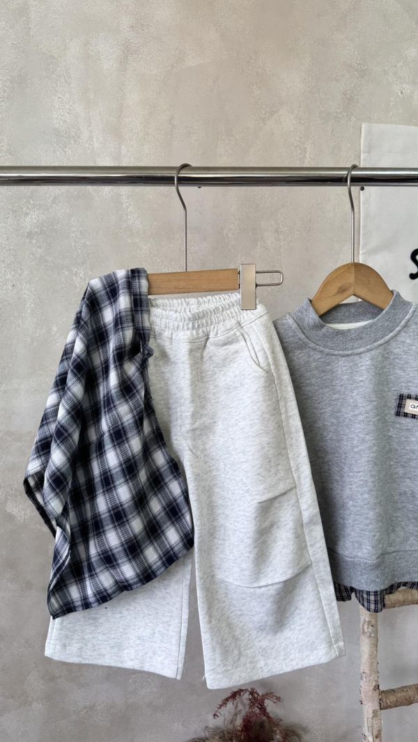 兩件套！格紋可拆屁簾花灰休閒薄款棉褲 