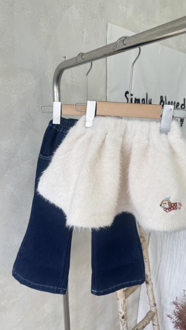 兩件套！臘腸狗狗毛短裙牛仔加絨喇叭長褲 