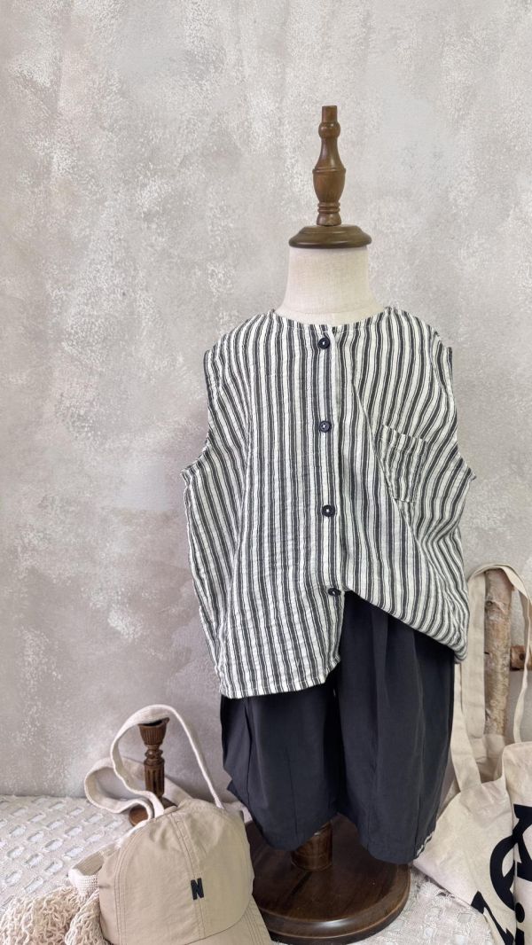 文青直條紋棉麻背心 
