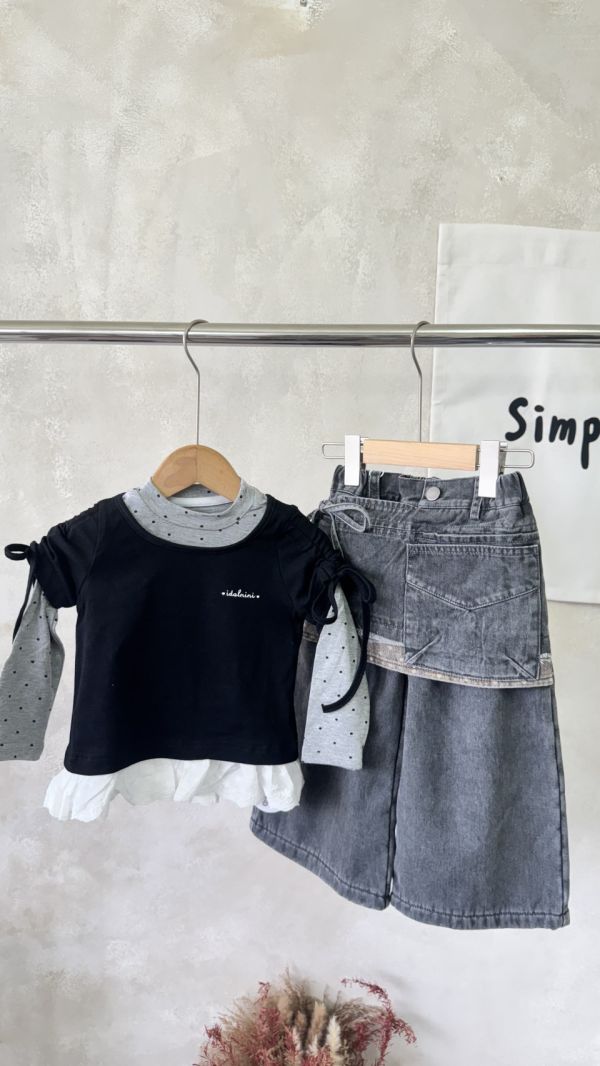 假兩件點點綁帶襯裙牛仔直筒加絨長褲 