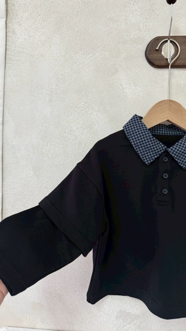 設計感！帥格紋拼接立領假兩件上衣 
