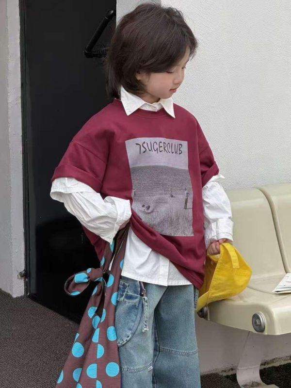 海灘舊照片印花暗紅短T 