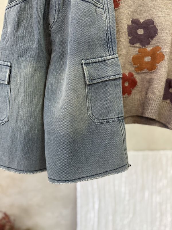 抽鬚工裝加絨牛仔長褲 