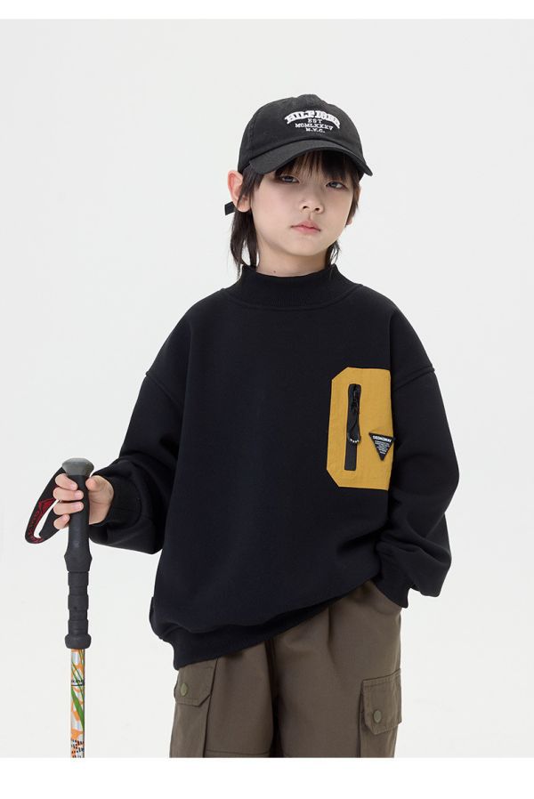 酷帥撞色拉鍊口袋薄絨大學Ｔ 