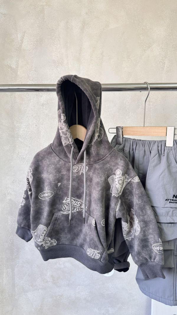 恐龍塗鴉暈染刷色連帽加絨上衣 