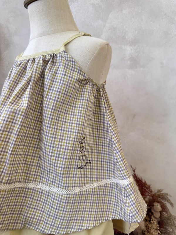 黃格紋刺繡細肩帶傘狀短褲裙套裝 