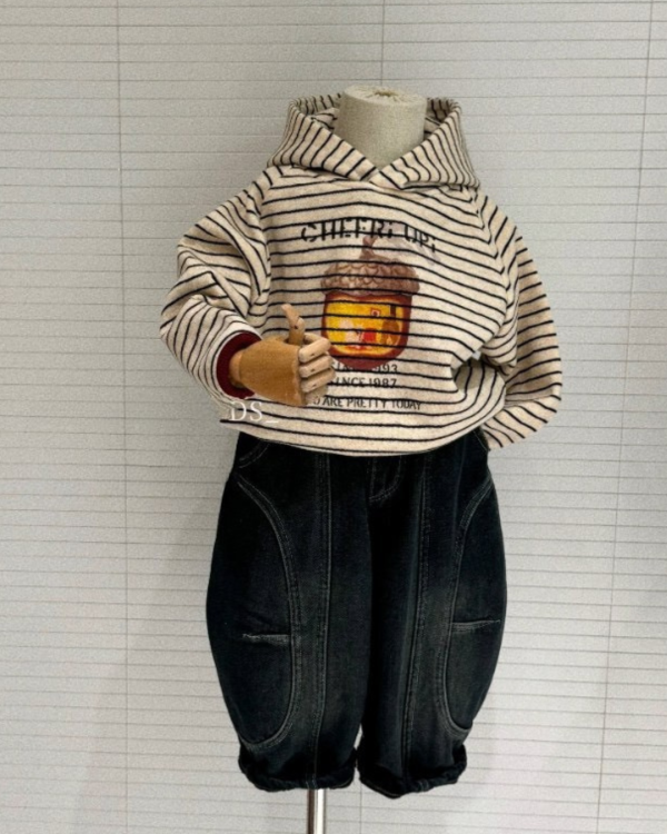 松果子條紋撞色滾邊連帽加絨上衣(版型偏小請帶大) 