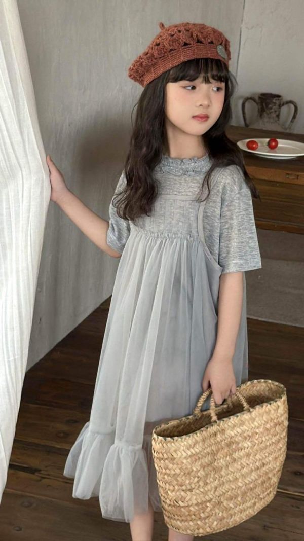 氣質灰網紗罩衫連身裙 