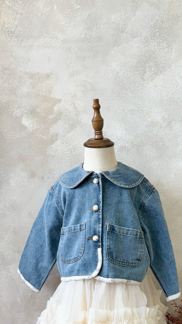 翻領碎花布滾邊牛仔外套 