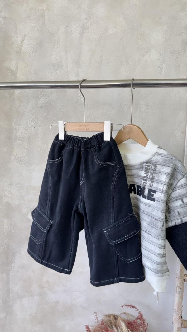 設計感多口袋工裝牛仔加絨長褲 