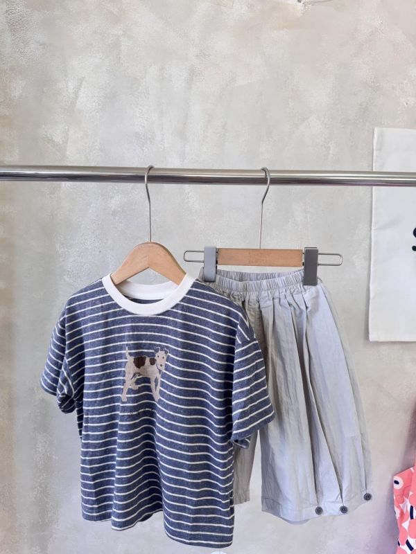 休閒條紋狗狗塗鴉短T 