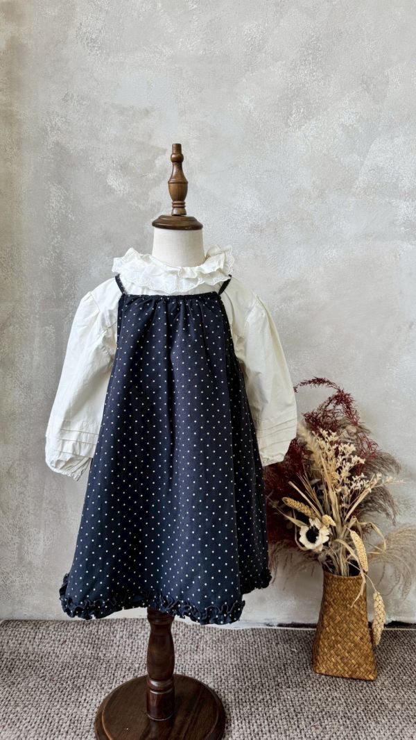 兩件套！蕾絲花邊翻領泡泡袖上衣日系波點連身裙套裝 