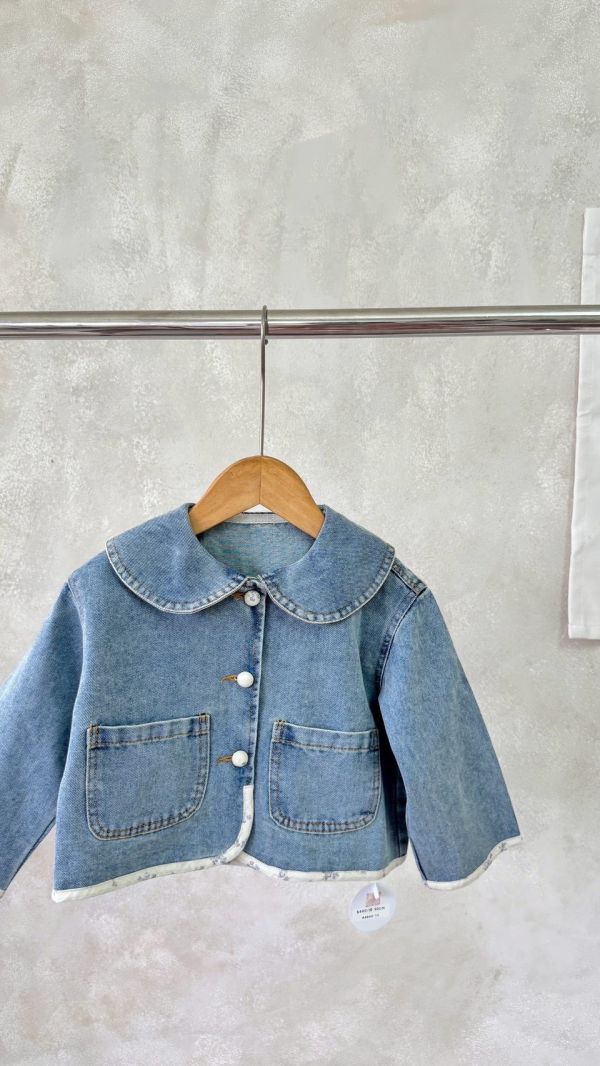 翻領碎花布滾邊牛仔外套 