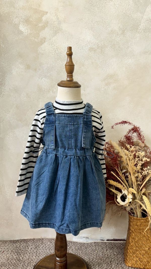 兩件套！日系牛仔吊帶連身裙條紋上衣套裝(版偏小可帶大) 