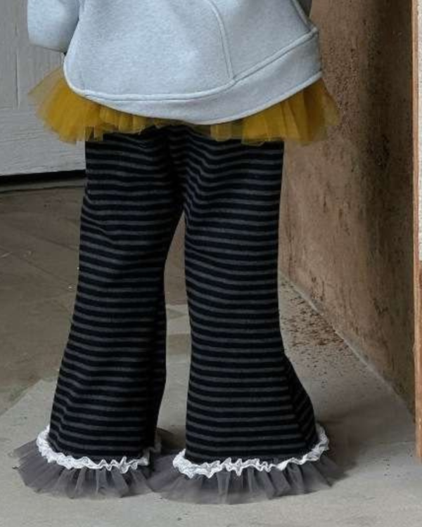 浪漫褲腳拼紗條紋毛呢長褲 