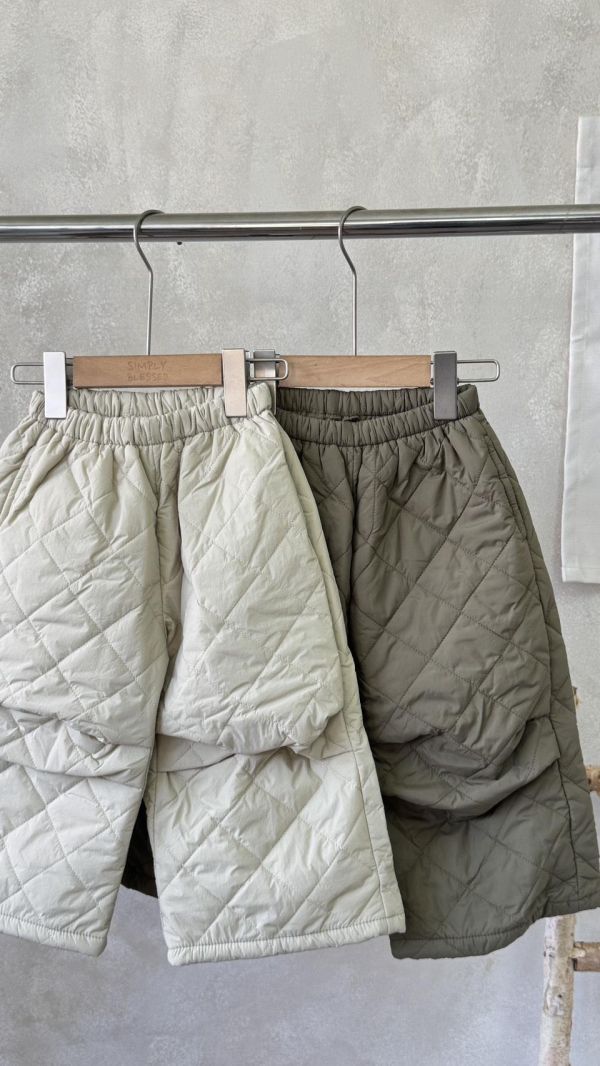 日系菱格紋抓褶夾棉長褲 