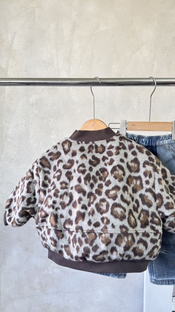 磨毛咖色豹紋鋪棉拉鍊外套 