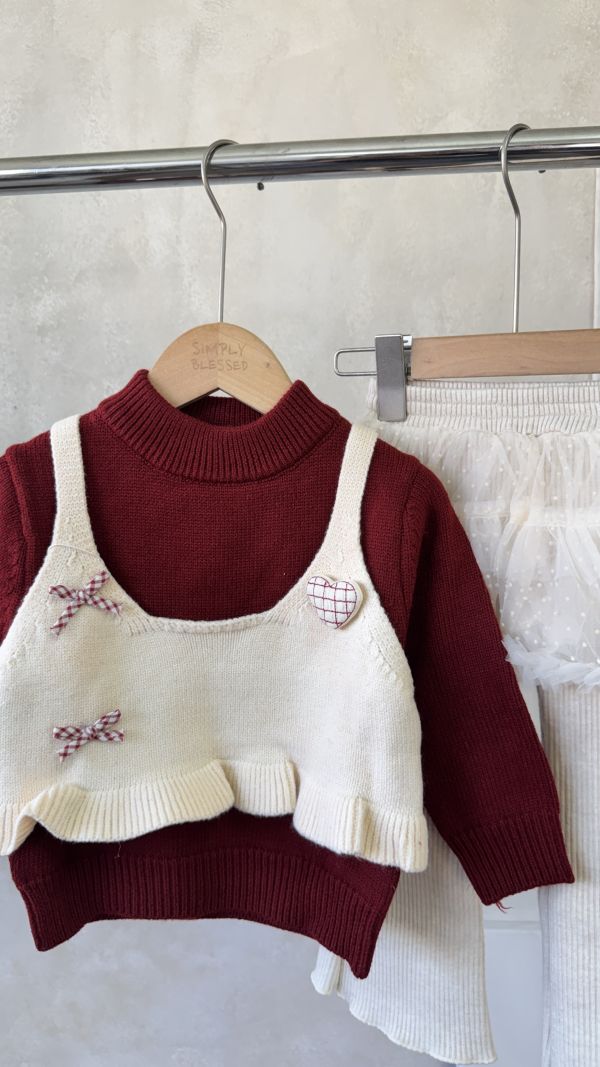 紅紅假兩件愛心蝴蝶結針織上衣 