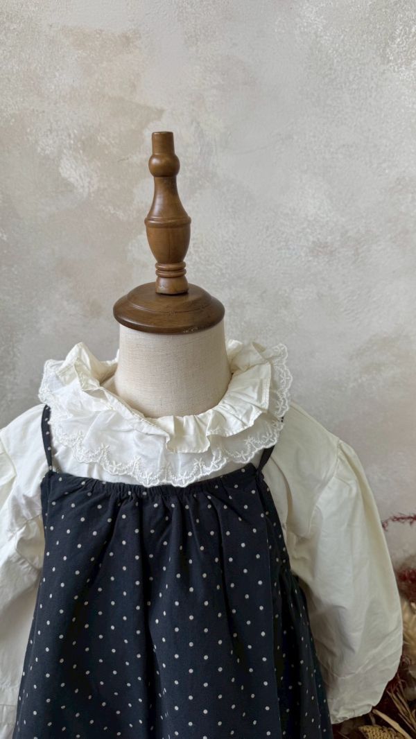 兩件套！蕾絲花邊翻領泡泡袖上衣日系波點連身裙套裝 