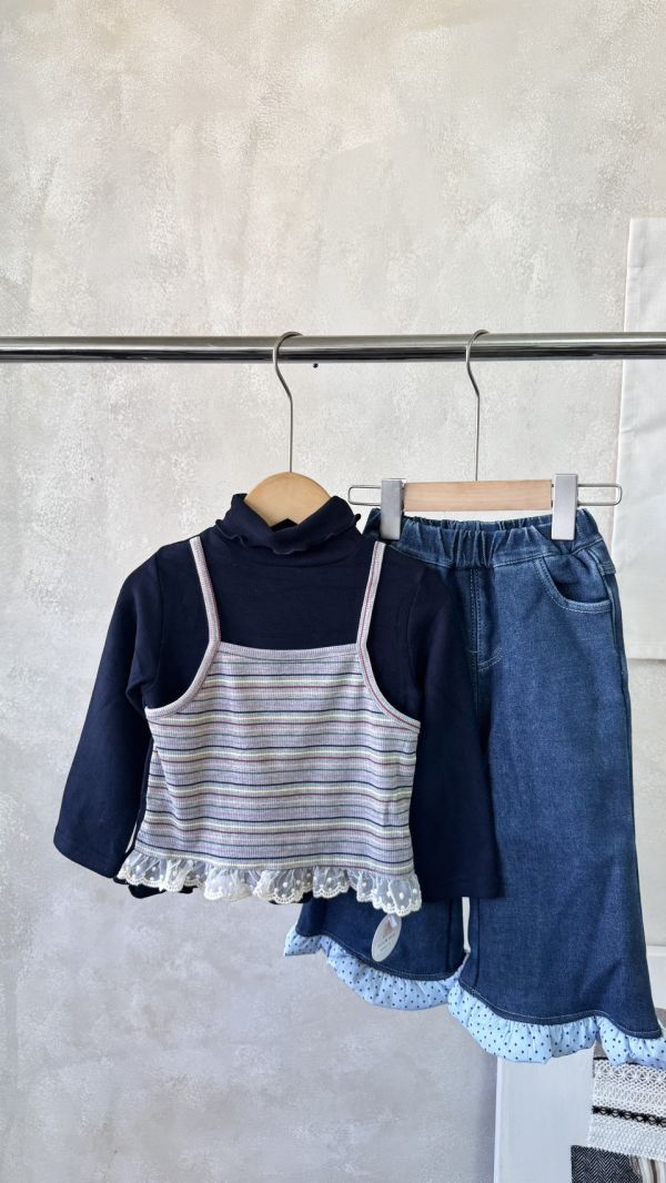 假兩件彩色條紋蕾絲荷葉邊上衣 