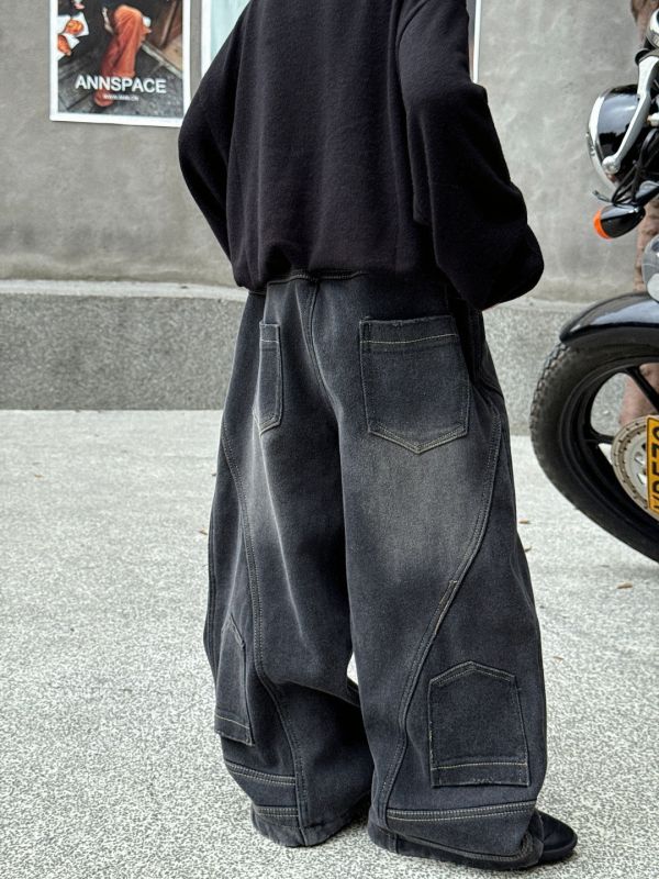 特殊刷色顛倒褲頭加絨牛仔長褲(版型偏大) 