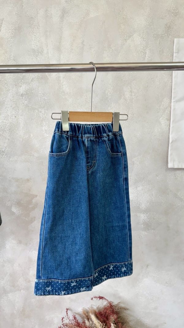 蝴蝶結波點印花寬牛仔長褲 