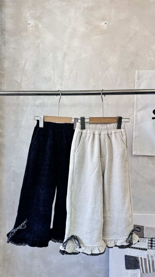 格紋花邊蝴蝶結毛呢長褲 