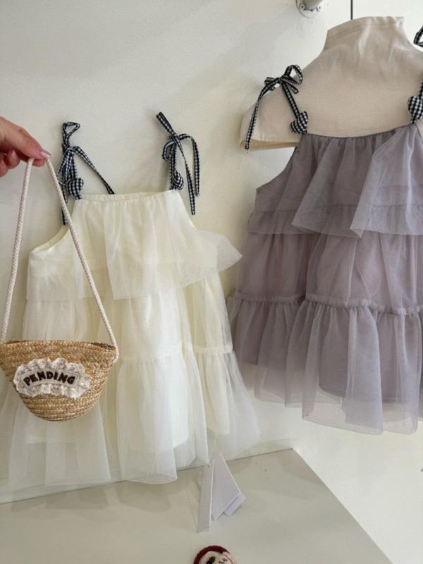 夢幻愛心格子綁帶層次連身紗裙 