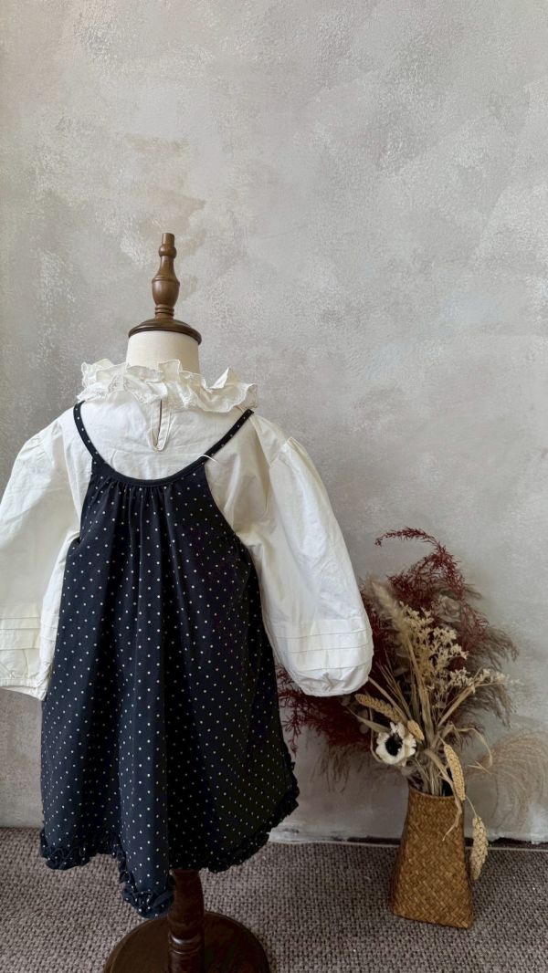 兩件套！蕾絲花邊翻領泡泡袖上衣日系波點連身裙套裝 