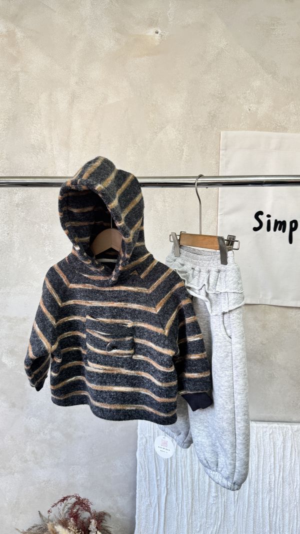 藝術漸層條紋前口袋磨毛連帽上衣 