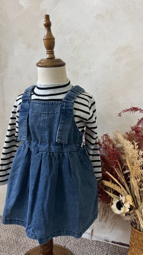兩件套！日系牛仔吊帶連身裙條紋上衣套裝(版偏小可帶大) 