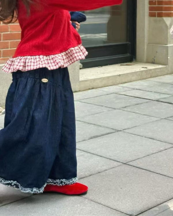 日系花邊原色牛仔長褲 