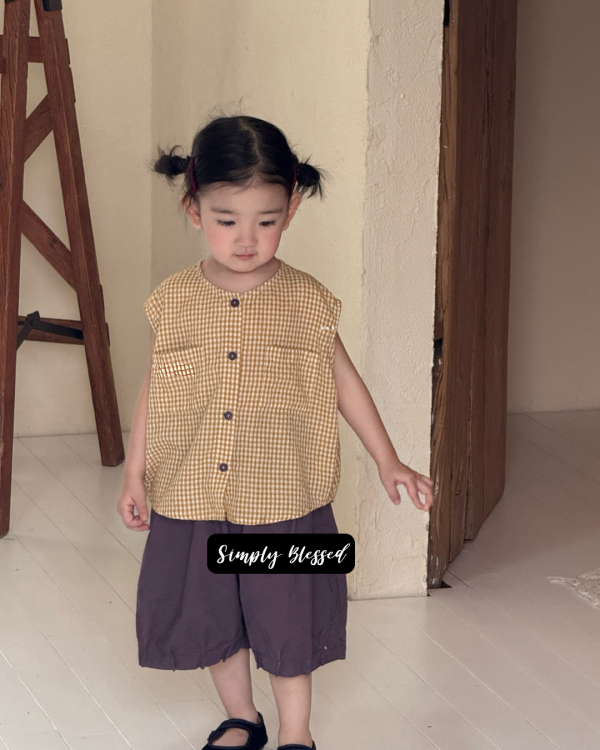 無性別文青格子棉麻無袖上衣 