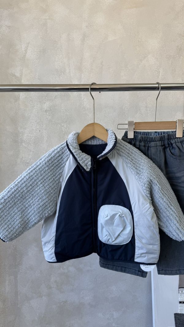 日系撞色毛毛夾棉拉鍊外套 