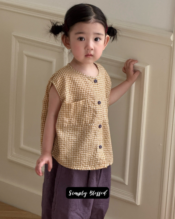 無性別文青格子棉麻無袖上衣 