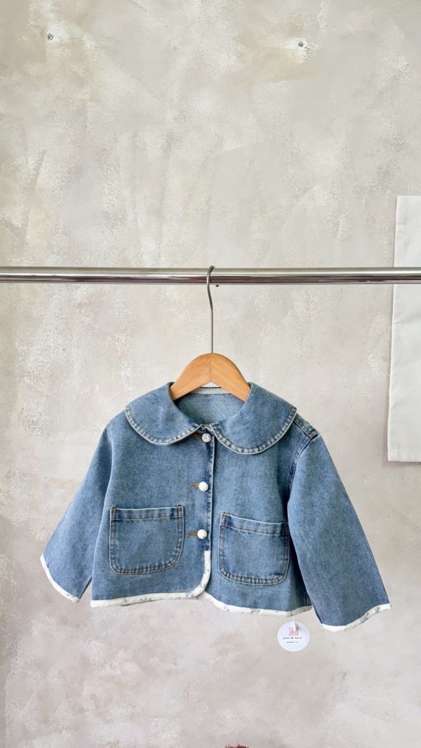 翻領碎花布滾邊牛仔外套 