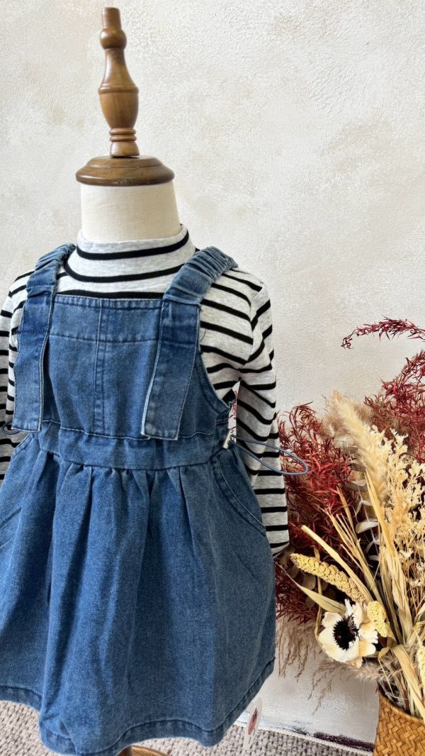 兩件套！日系牛仔吊帶連身裙條紋上衣套裝(版偏小可帶大) 