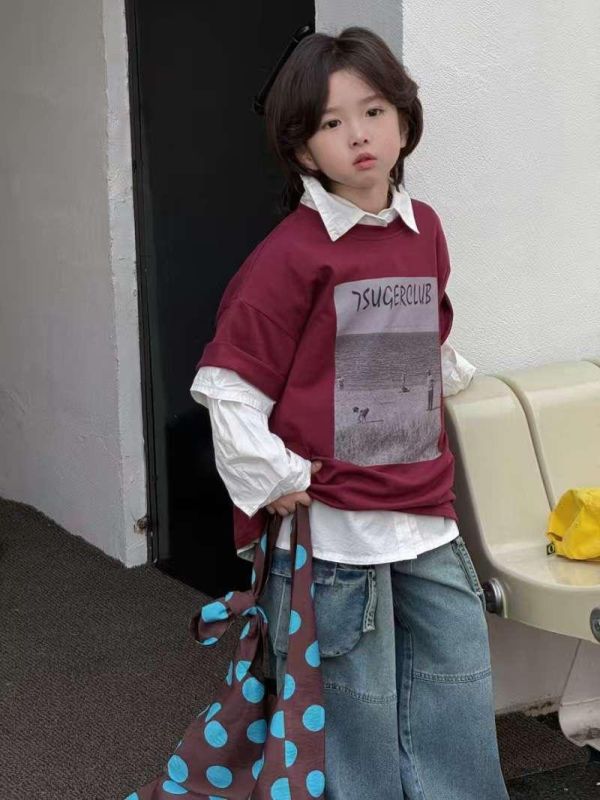 海灘舊照片印花暗紅短T 