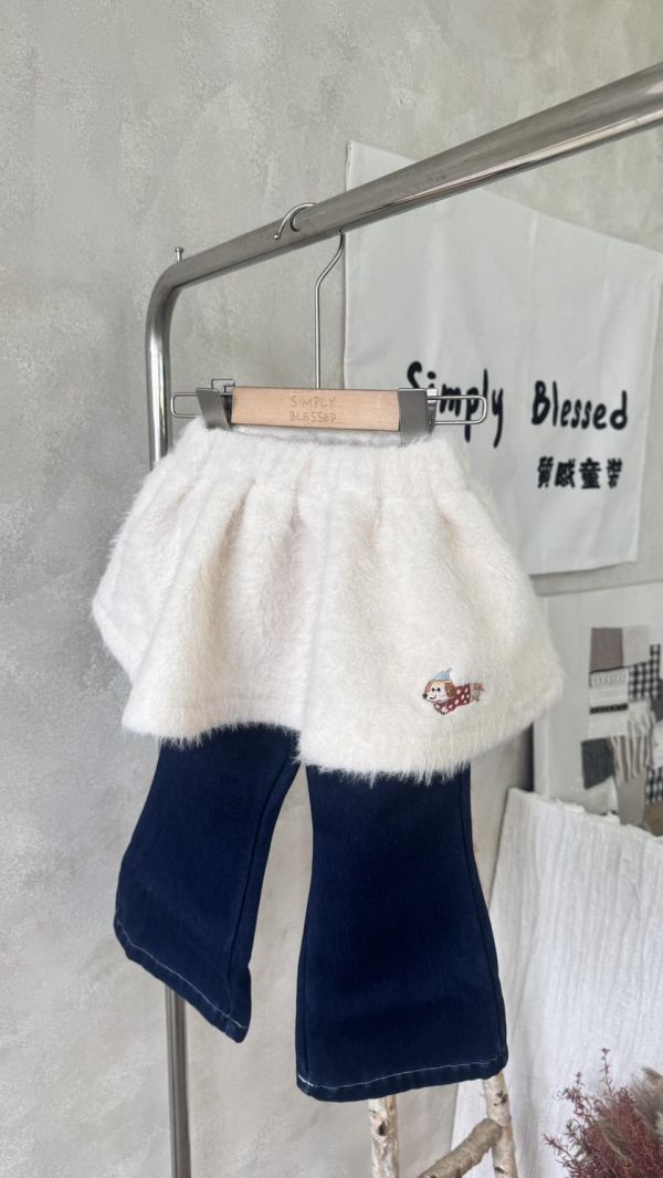 兩件套！臘腸狗狗毛短裙牛仔加絨喇叭長褲 