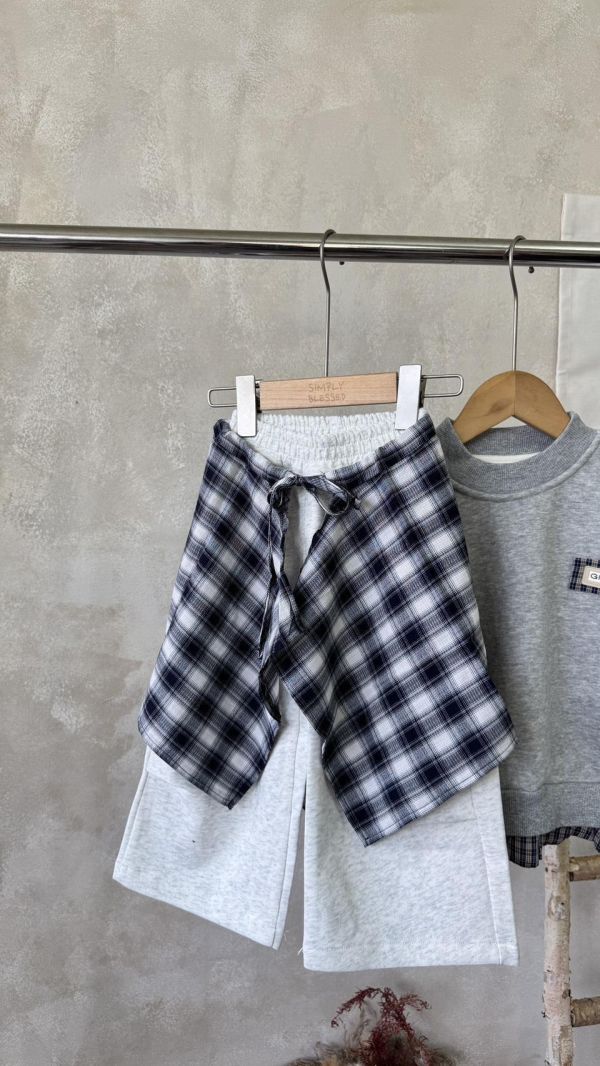 兩件套！格紋可拆屁簾花灰休閒薄款棉褲 