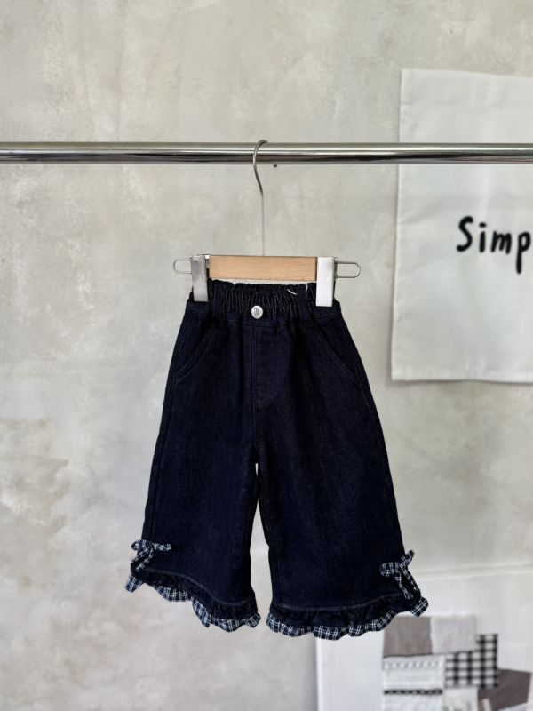 格紋花邊蝴蝶結直筒牛仔加厚長褲(褲長偏短可帶大) 