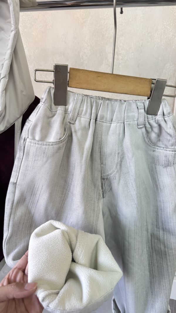 灰白暈染刷色加絨牛仔長褲 