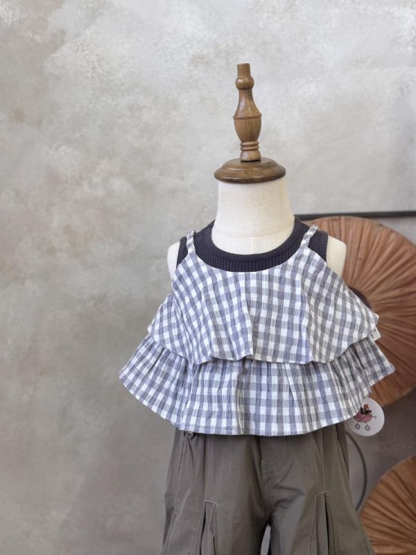 兩件套！格子層次吊帶內搭寬肩背心套裝(細肩帶可調節) 