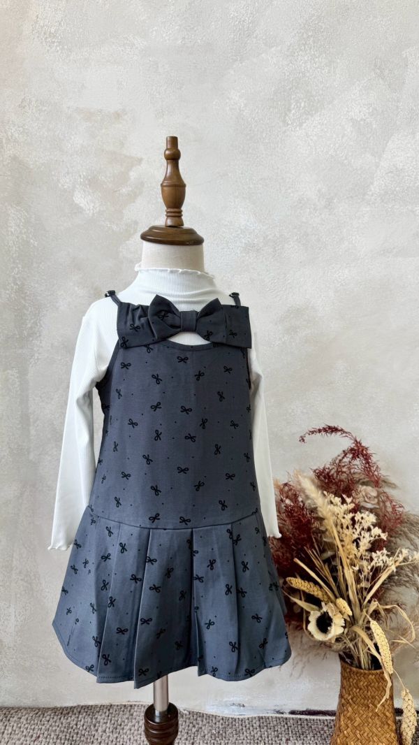 兩件套！蝴蝶結百摺連身裙木耳邊內搭上衣套裝 